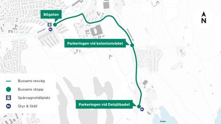 En karta som visar rutten mellan Bögatan och Delsjöbadet med stopp vid Delsjöns koloniområde