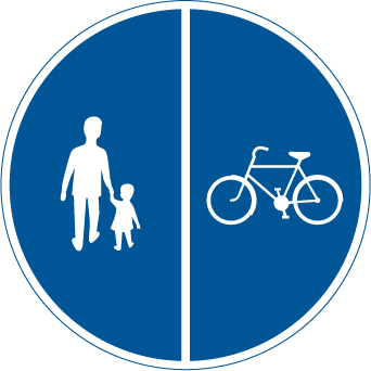 Trafikskylt p&aring;bjuden g&aring;ng- och cykelbana. anger banor som &auml;r delade genom v&auml;gmarkering, skiljeremsa eller liknande i en del f&ouml;r g&aring;ende och en del f&ouml;r cyklande.