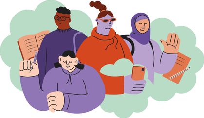 Illustrativ bild med personer i olika studiemiljöer