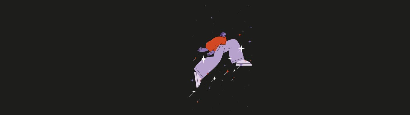 Illustration på en människa som tar ett stort kliv ut i rymden.