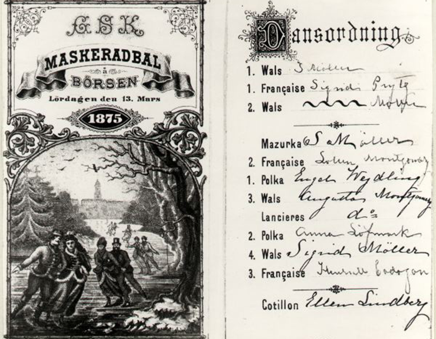 Program till maskeradbal på Börsen 13 mars 1875. Källa: Göteborgs stadsmuseum