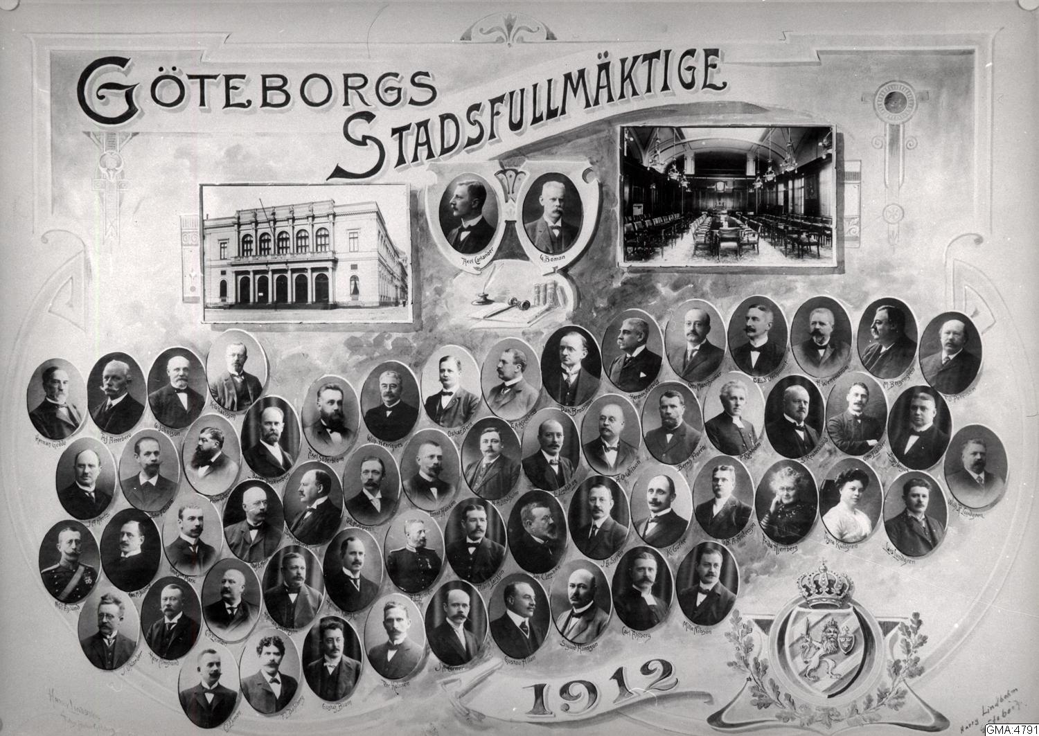 Göteborgs stadsfullmäktige 1912 och bilder från Börsen och fullmäktiges sessionssal. Fotograf: Harry Lindbohm Källa: Göteborgs stadsmuseum