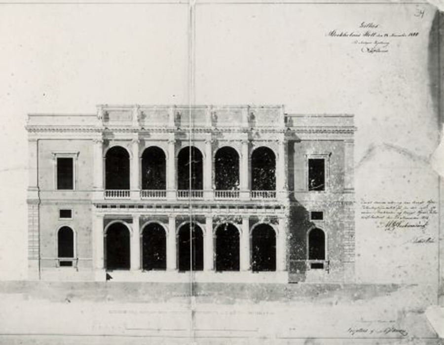 Slutlig ritning av fasaden mot dåvarande Stora torget, Pehr Johan Ekman 1844,