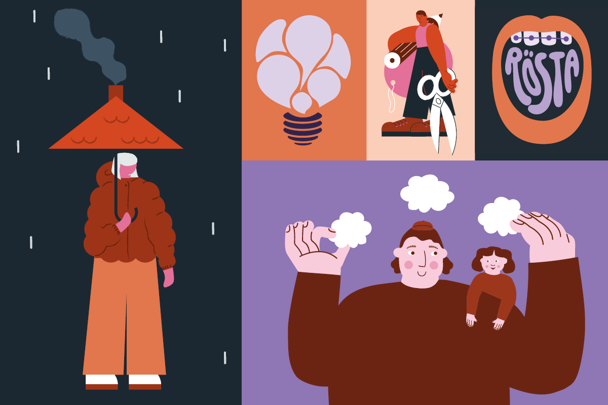 Exempel på illustrationer gjorda i det känsloskapande manéret: en vuxen som leker med barn, en person som står med ett tak som paraply, en glödlampa, en person med sax och penna och en mun som det står rösta i.