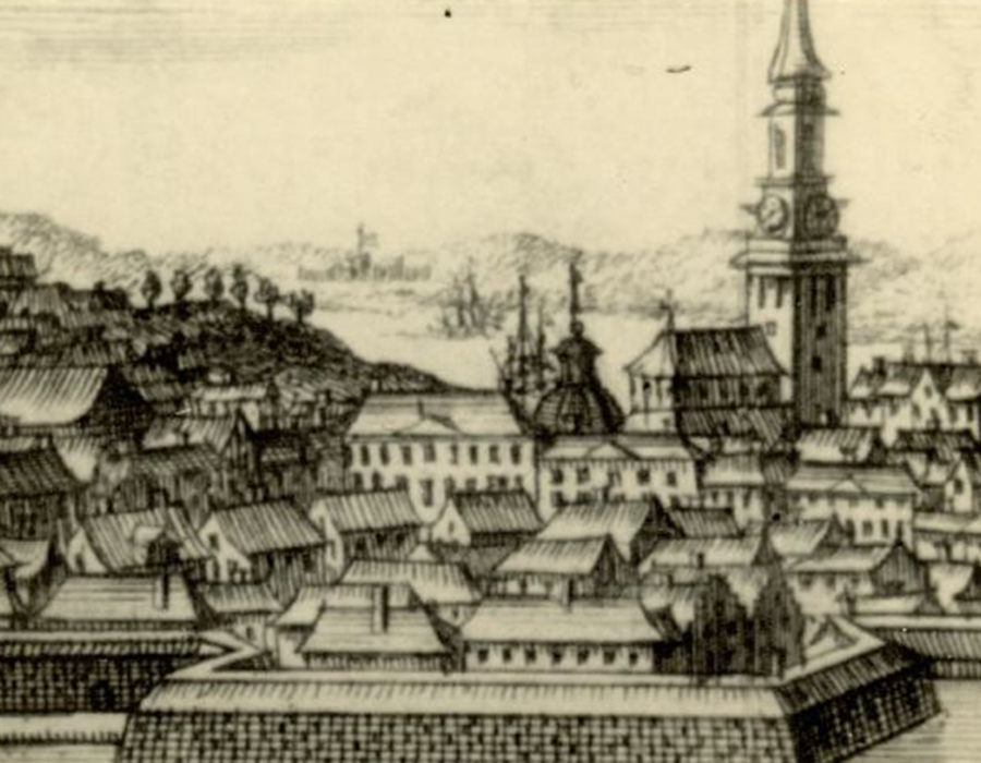 1600-talsvy över platsen där Gustaf Adolfs torg och Börsen ligger idag.