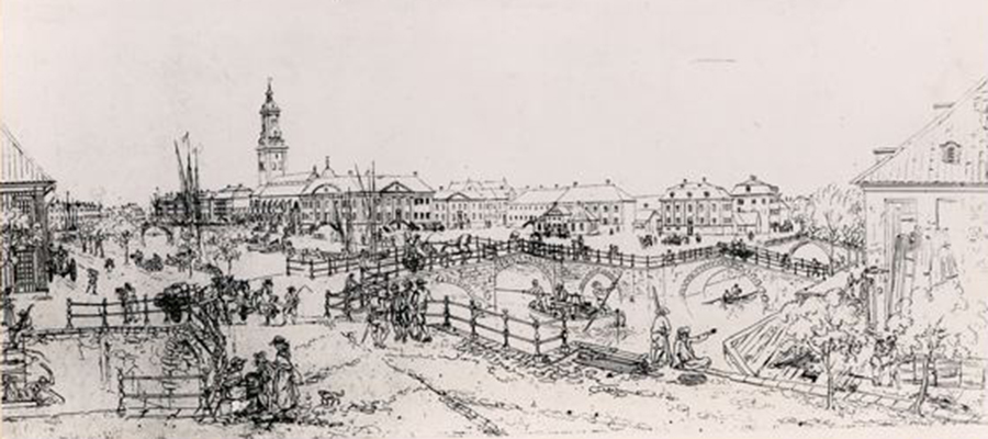 1700-talsvy över Stora hamnkanalen och Stora torget, idag kallat Gustaf Adolfs torg. Konstnär: Elias Martin Källa: Göteborgs stadsmuseum