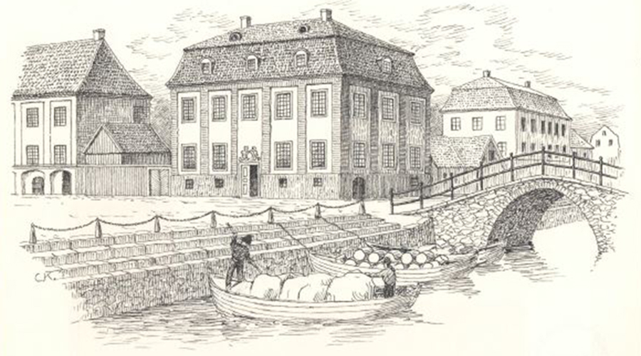 Kaulbarska huset tidigt 1800-tal med Engborgs källare och Winbergskans krog ovanpå. Konstnär: Claes Krantz Källa: Göteborgs stadsmuseum