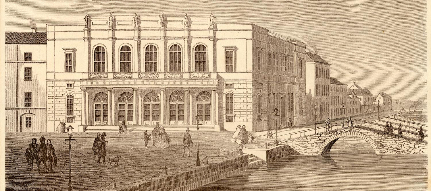 Börsen på 1860-talet, invid Östra hamnkanalen som idag är Östra hamngatan. Litografi: Ludvig Messmann Källa: Göteborgs stadsmuseum