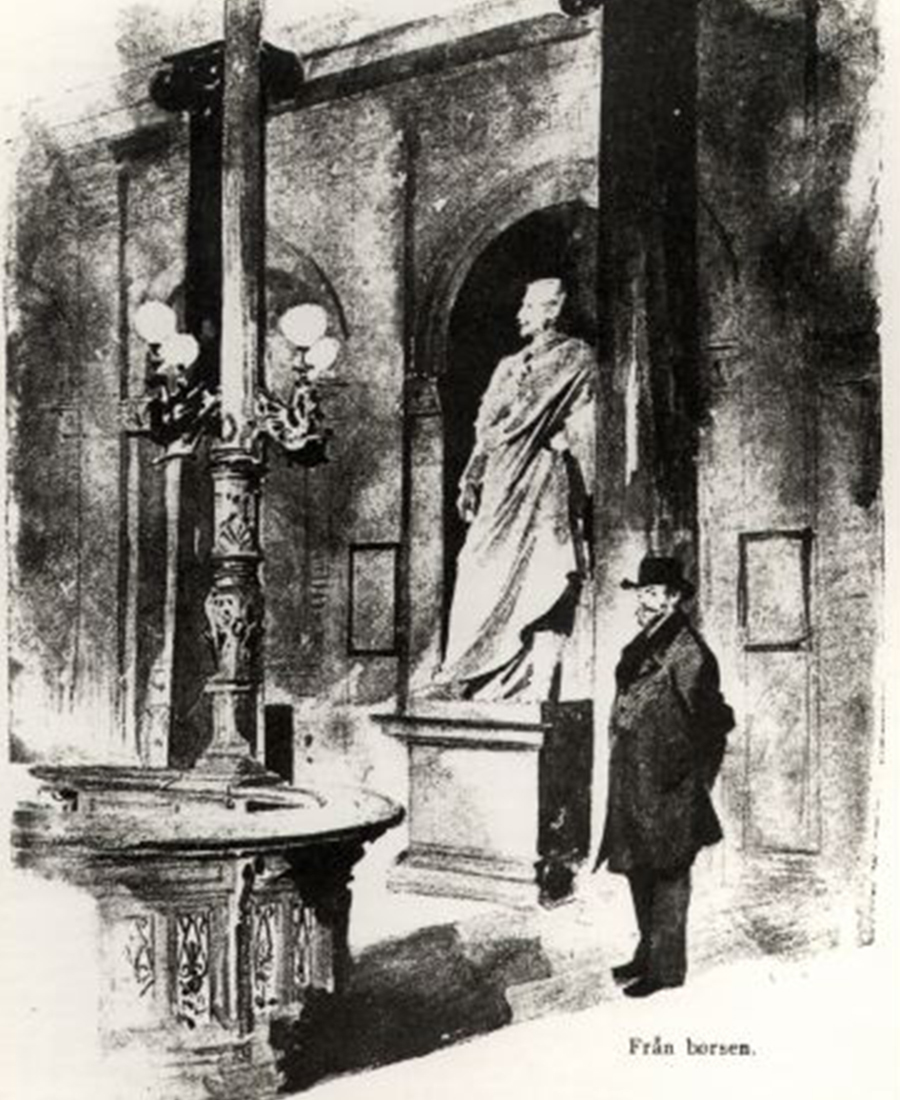 Konstnären Carl Larsson i börshallen inivid statyn av Oscar I, kring 1880. Källa: Göteborgs stadsmuseum
