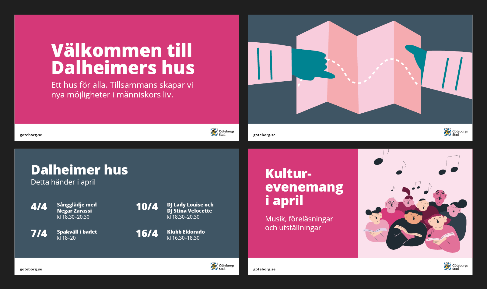 Exempel på liggande digital skärm med text, illustration, schema och foto.