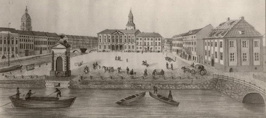 Vy över Stora torget 1835, med Kaulbarska huset längst till höger på den norra sidan. Fotograf okänd Källa: Göteborgs stadsmuseum