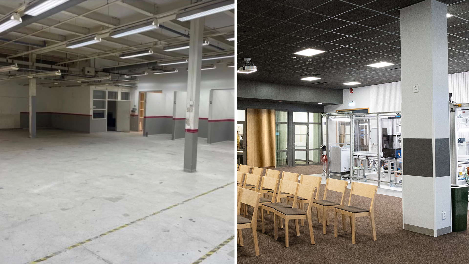 Två bilder som föreställer en stor lokal. Före och efter renovering.