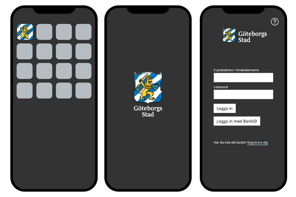 Exempel på en app som använder Göteborgs Stads favicon som ikon mot mörk bakgrund.
