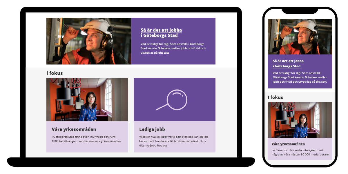 Exempel på innehållsida för goteborg.se med lila textpuffar, illustrationer och foton.