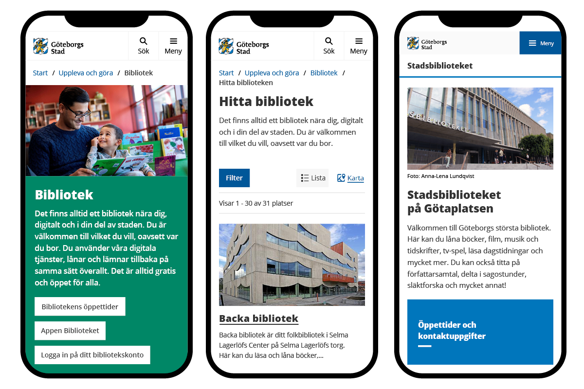 Exempel på webbsida för bibliotek på goteborg.se, i mobilt läge.