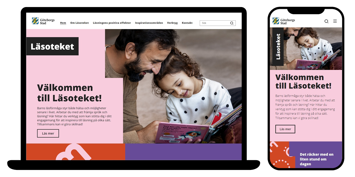 Exempel på webbsidan för Läsoteket med textpuffar, knappar, foton och illustrationer.