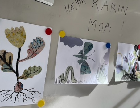 Tre teckningar som föreställer växter, djur och väder