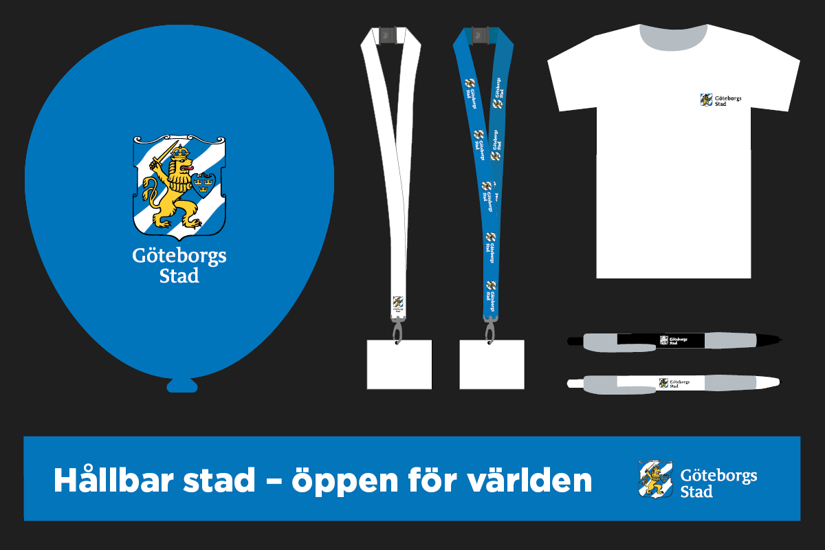 Exempel på profilprodukter som ballong, nyckelband, t-shirt, ordensband och pennor.