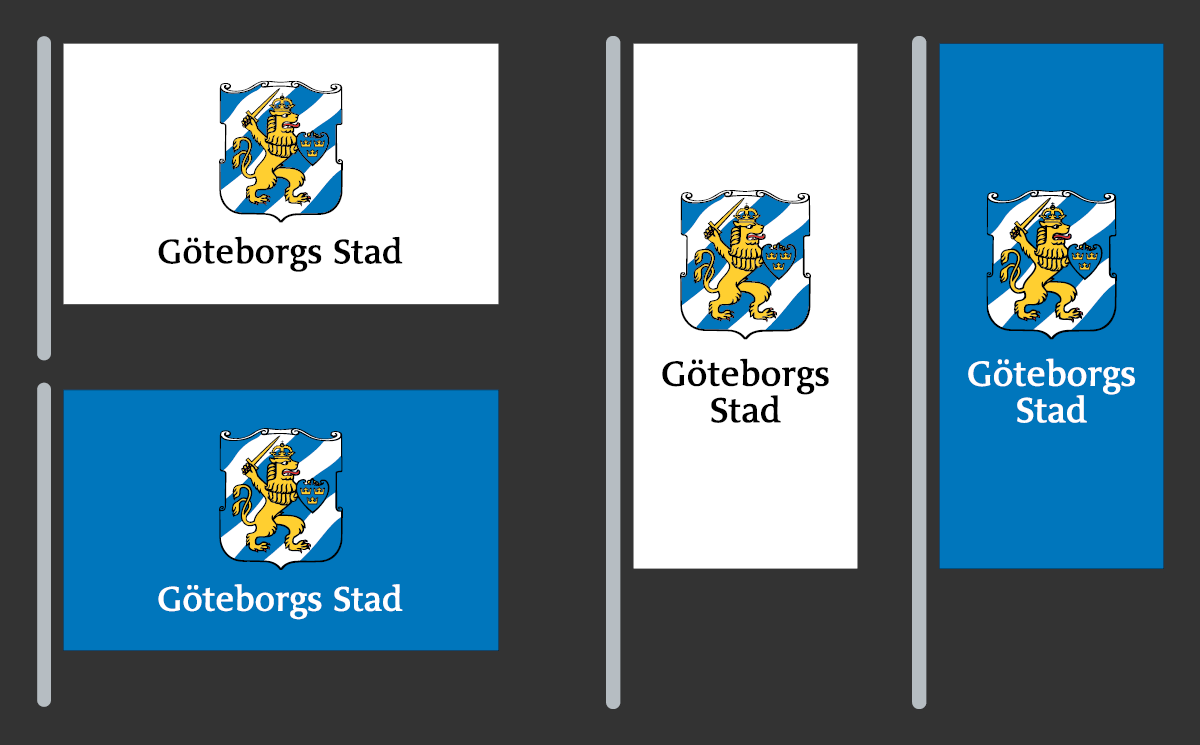 Liggande och stående flagga i vitt och Göteborgsblått.