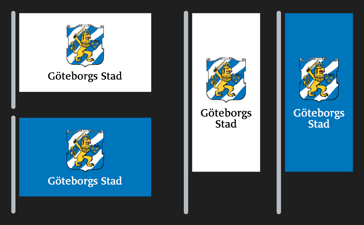 Liggande och stående flagga i vitt och Göteborgsblått.