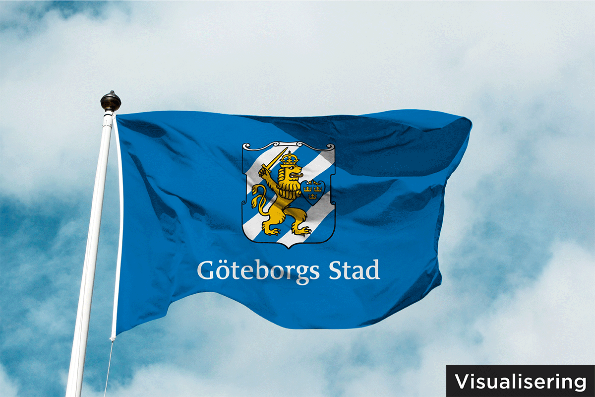 Liggande flagga i vitt och Göteborgsblått.