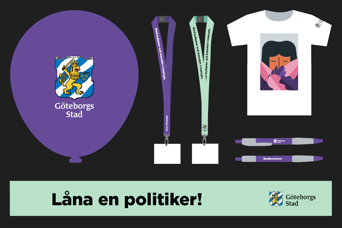 Exempel på profilprodukter som ballong, nyckelband, t-shirt, ordensband och pennor.