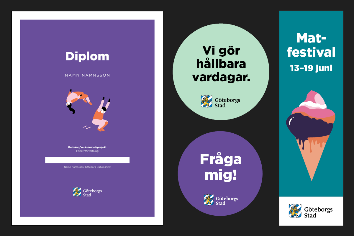 Exempel på profilprodukter som diplom, badges och, evenemangsflaggor.