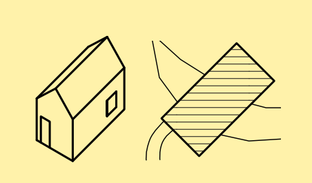 Exempel på en normal nybyggnadskarta som visar en byggnad ritad ovanifrån i förhållande till sin omgivning.