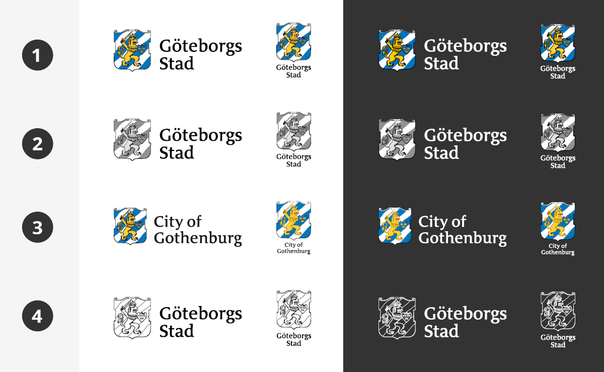 Olika versioner av Göteborgs Stads logotyp.