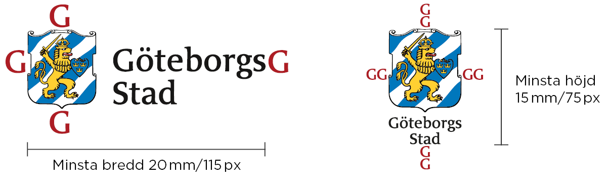 Göteborg Stads logotyp i liggande och stående version med röda G som markerar friytan.