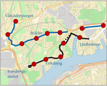 Kartbild f&ouml;r sp&aring;rv&auml;gens str&auml;ckning mellan Lindholmen och Eriksberg
