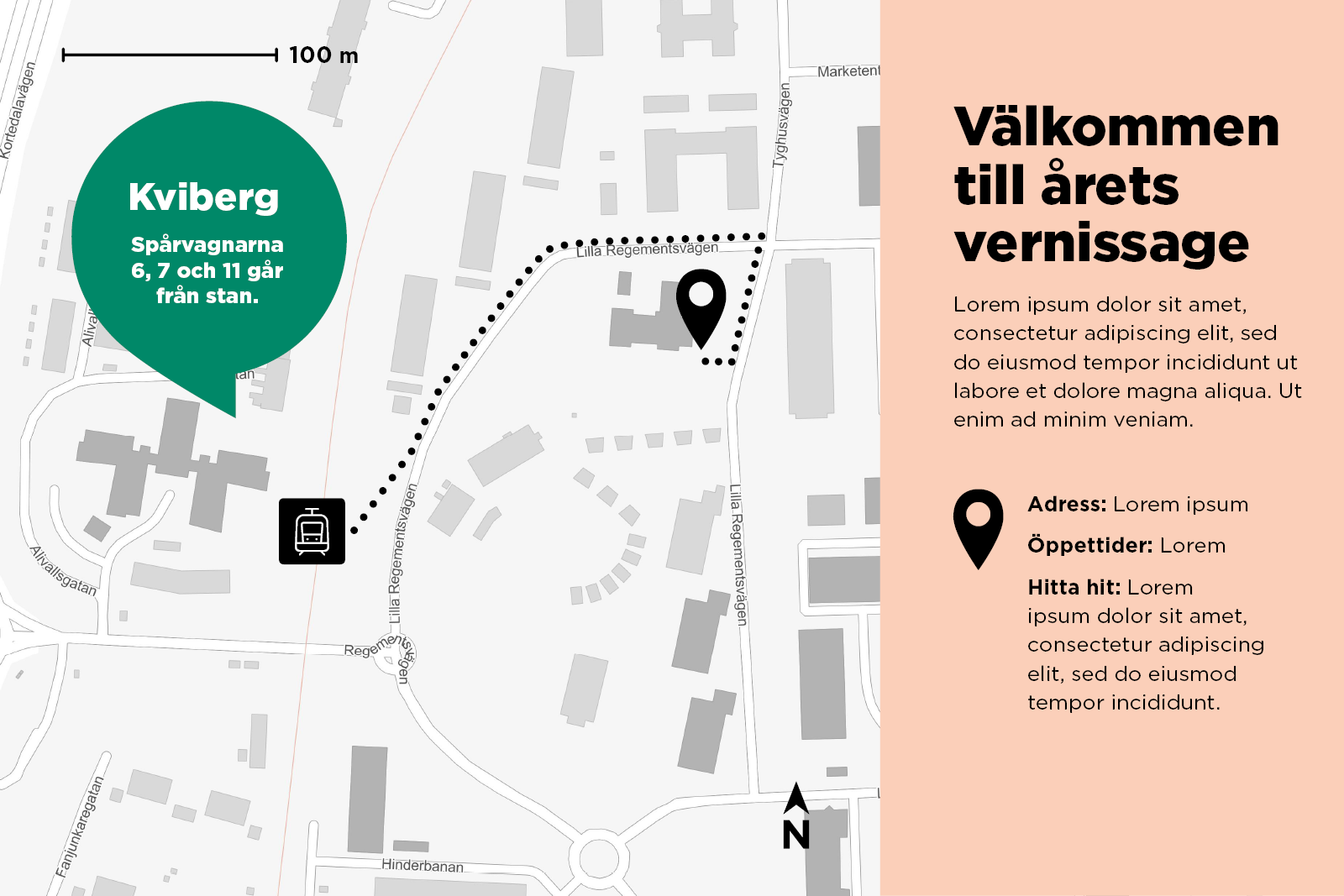 Ett exempel på kvarterskarta där kartbilden är hämtad från kartsystemet Gokart i kombination med stadens informationsgrafik, kartikoner och komplementfärger.