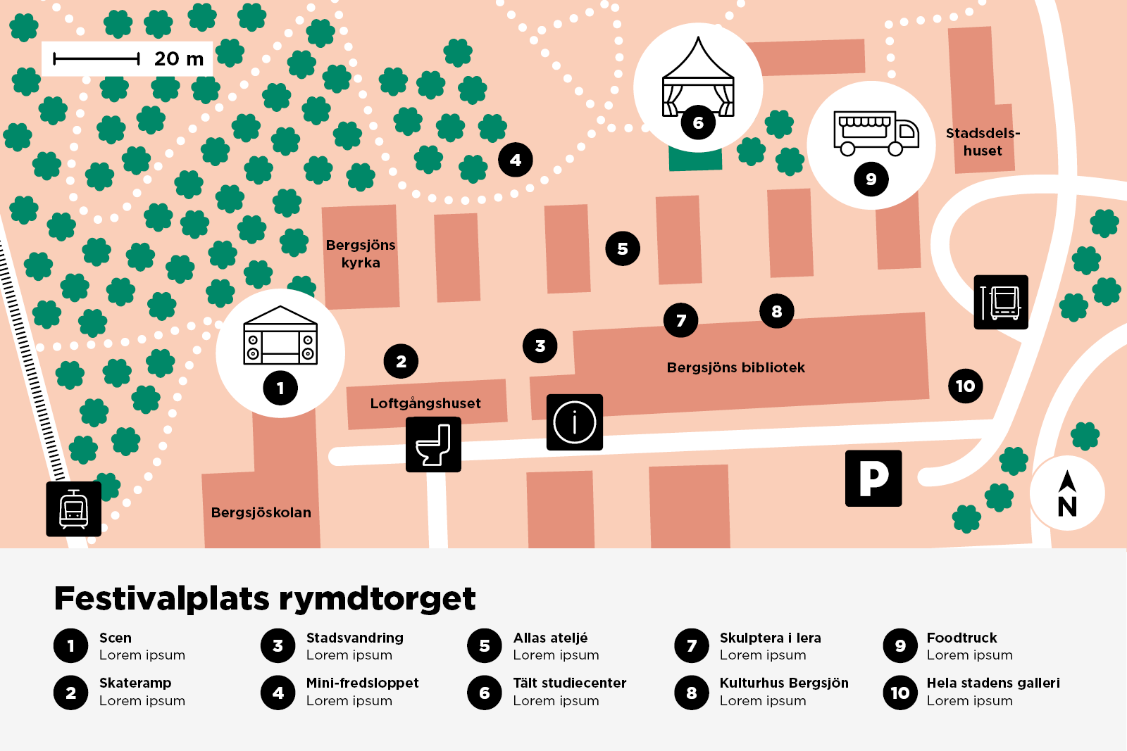 Exempel på evenemangskarta där stadens utökade färgpalett för illustration och kartor används tillsammans med stadens ikoner för evenemang, kartgrafik och informationsgrafik.