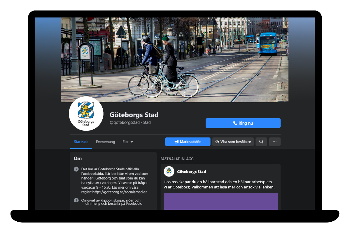 Exempel på omslagsbilder i form av foto, illustration och text i sociala medier. Göteborgs Stads logotyp används som profilbild.