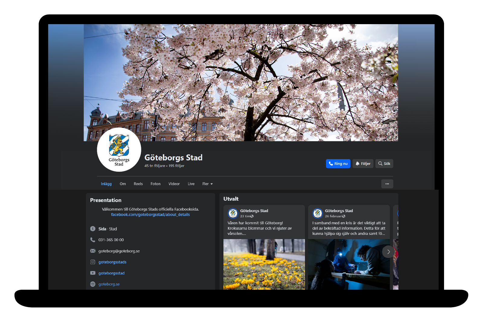 Exempel på omslagsbilder i form av foto, illustration och text i sociala medier. Göteborgs Stads logotyp används som profilbild.