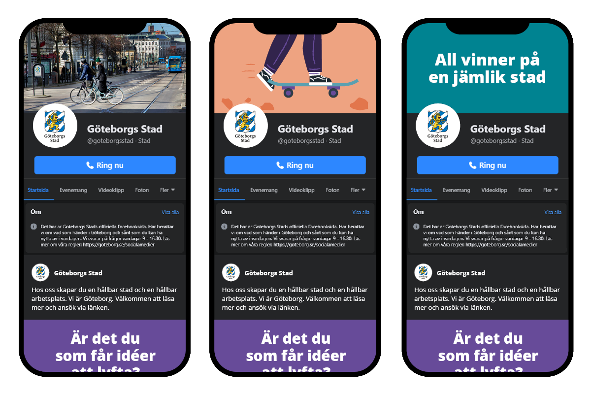 Exempel på omslagsbilder i form av foto, illustration och text i sociala medier. Göteborgs Stads logotyp används som profilbild.