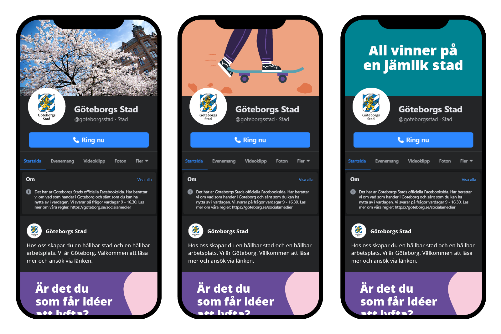 Exempel på omslagsbilder i form av foto, illustration och text i sociala medier. Göteborgs Stads logotyp används som profilbild.