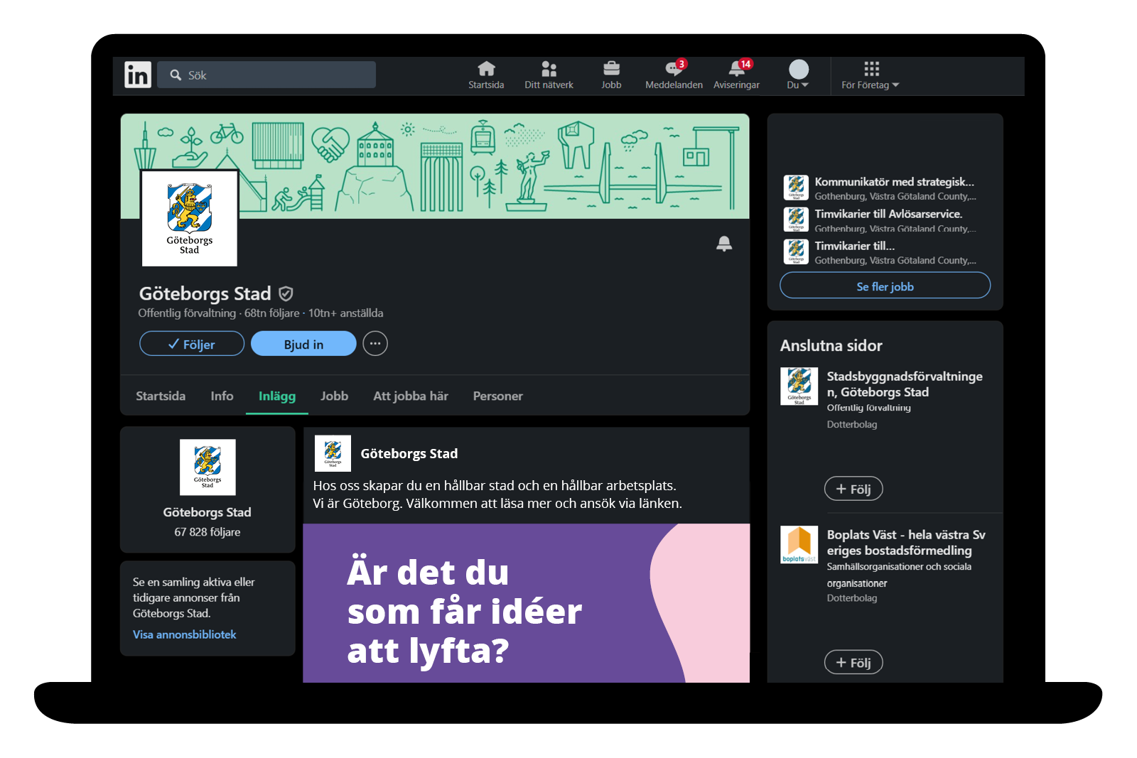 Exempel på hur profilbild, omslagsbild och inlägg ser ut på Linkedin.