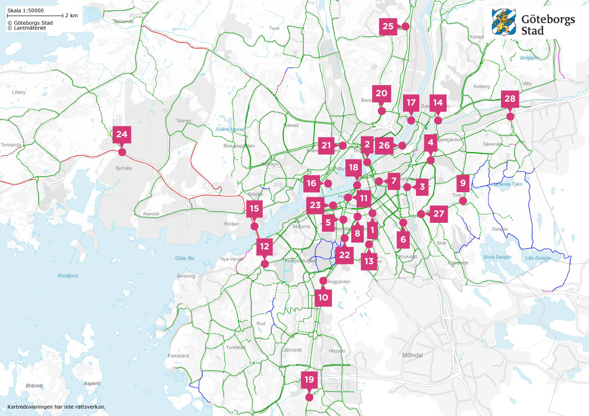 Karta över alla cykelmätplatser i Göteborg.