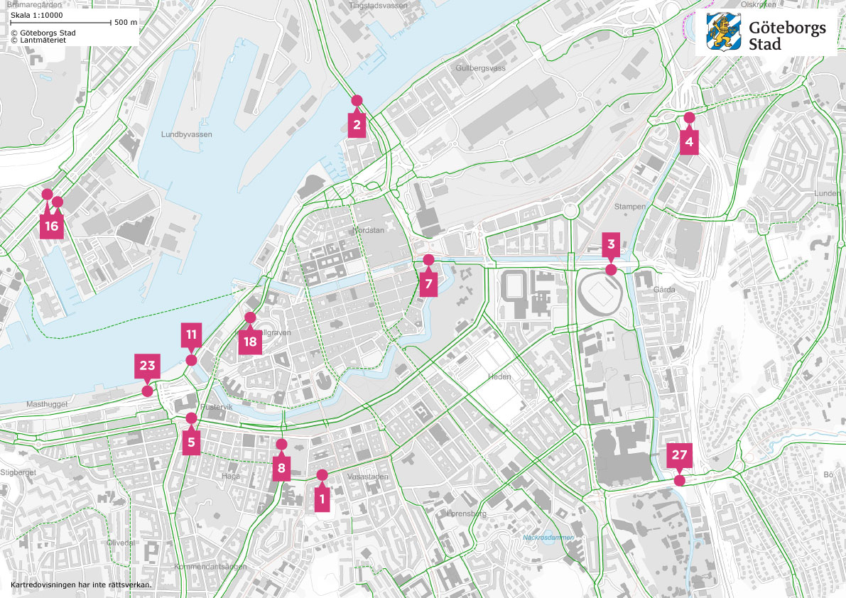 karta över cykelmätplatser i centrala Göteborg.