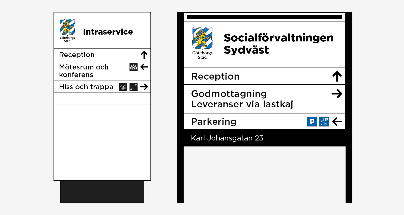 Exempel på skyltar på stativ och pylon.