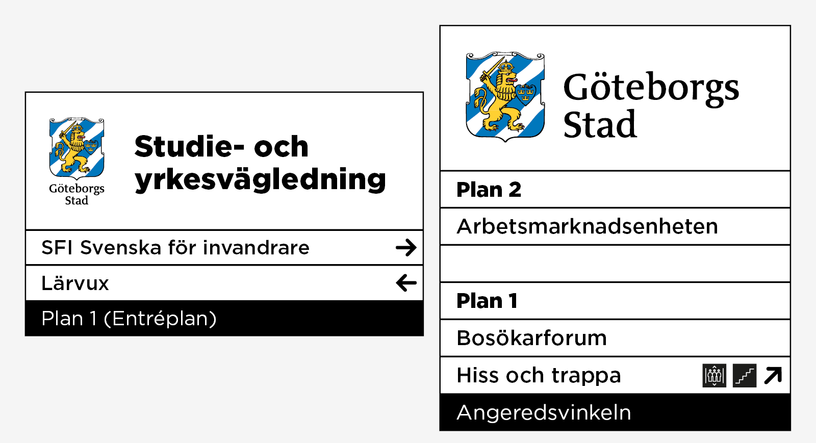 Exempel på entreskyltar inomhus.
