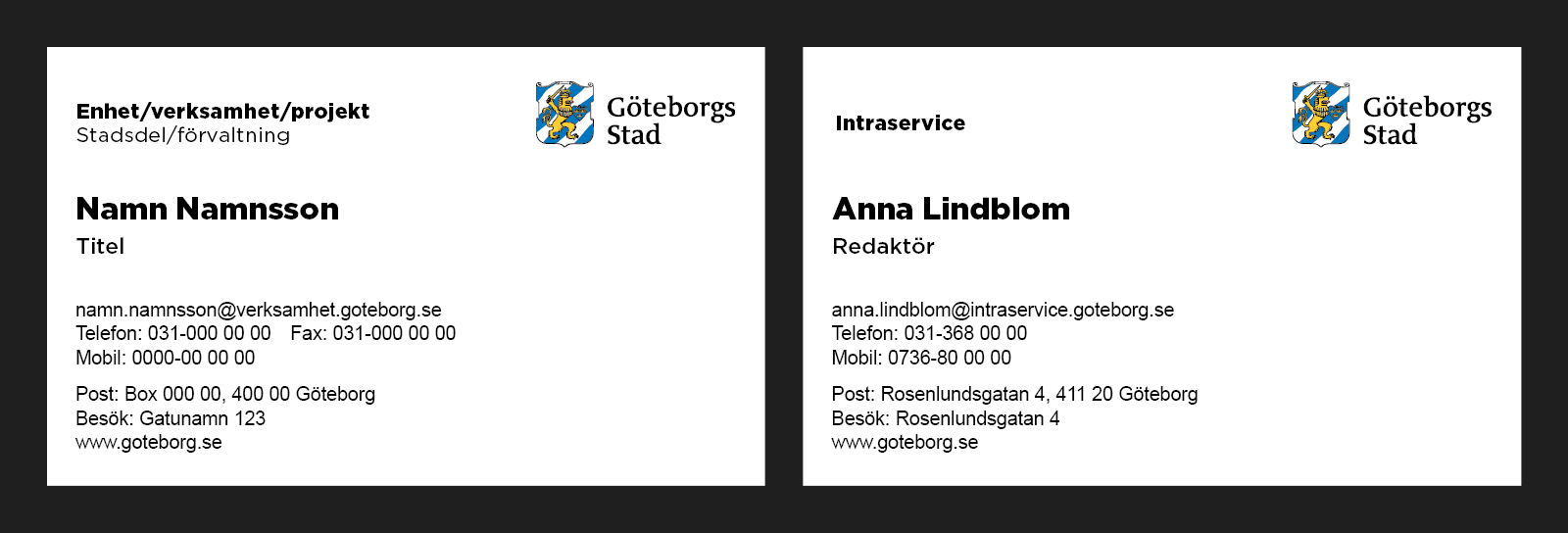 Exempel på mall och visitkort med kontaktuppgifter.