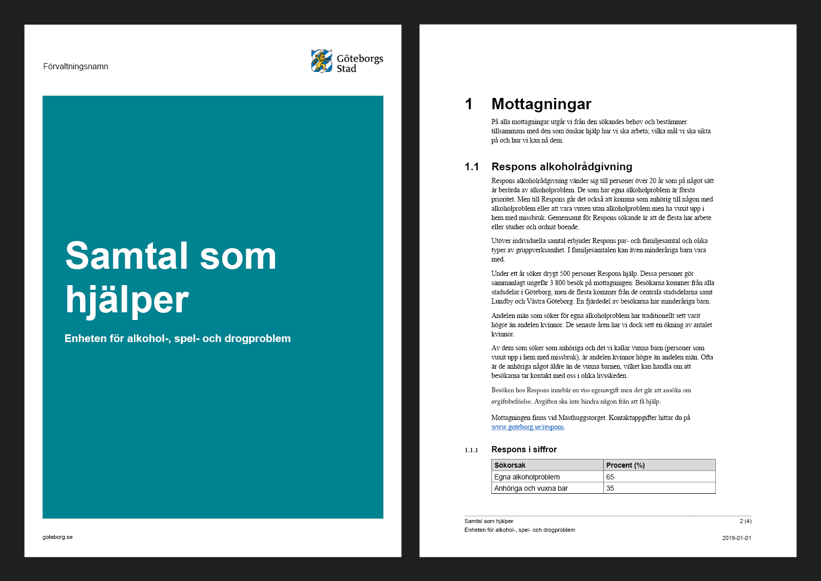 Exempel på framsida och insida i rapport.
