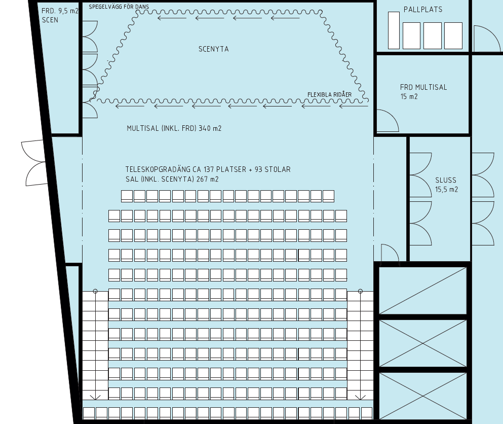 Ritning &ouml;ver lokalen med sittplatser, d&ouml;rrar, v&auml;ggar och avsk&auml;rmningar.