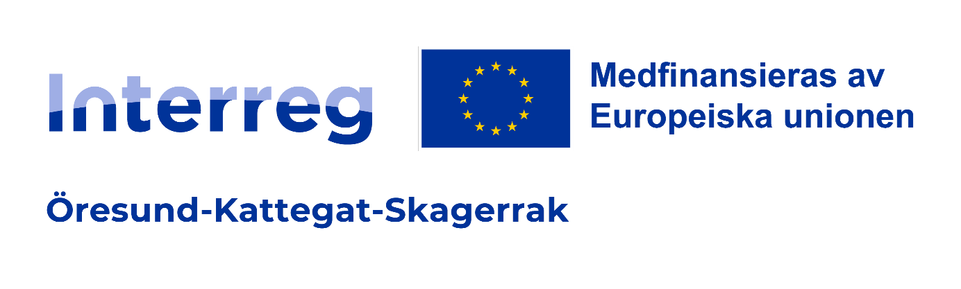 Logga med EU-flagga och texten Interreg, medfinansieras av Europeiska unionen, Öresund-Kattegat-Skagerrack.