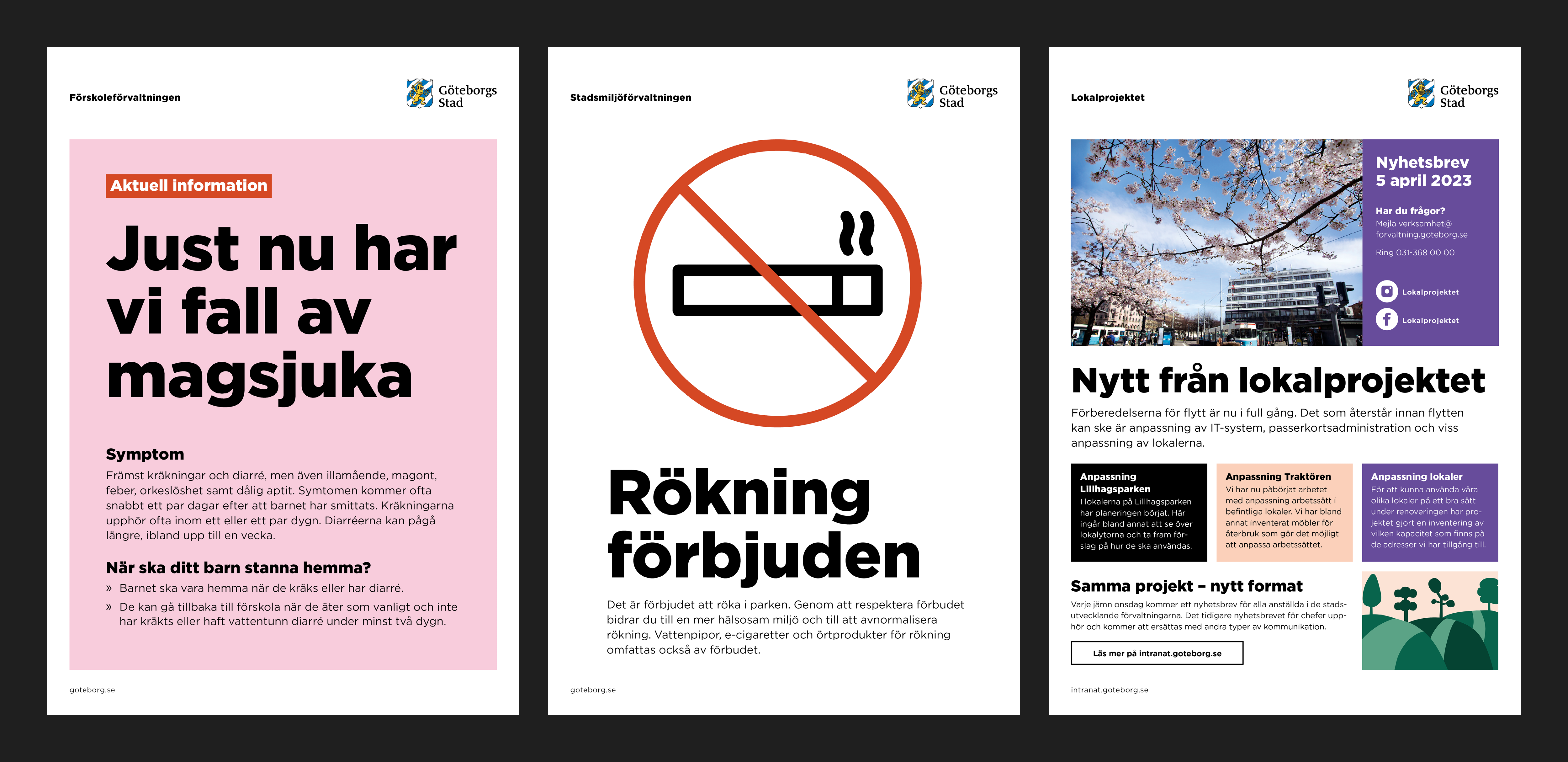 Exempel på olika affischer som visar kort information, förbud och nyhetsbrev