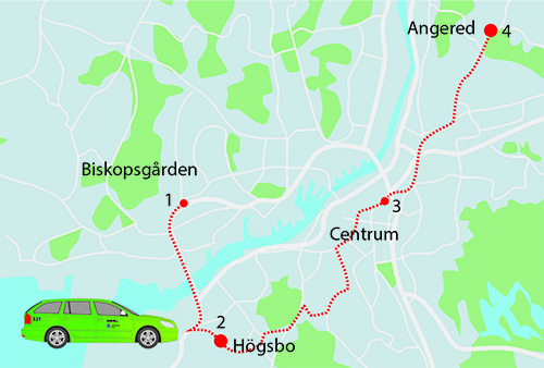 Karta som visar hur en färdtjänstresa kan se ut med olika stopp på vägen.